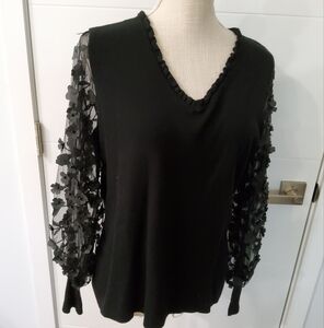 Sioni Milano Black Sheer Floral Sleeves Sweater Size L